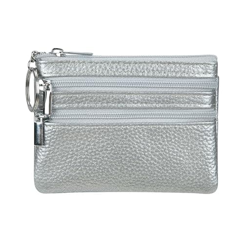 Women's Genuine Leather Coin Purse Mini Pouch Change Wallet with Keychain, Silver