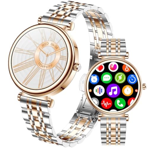 Smart Watch for Women 1.27" Color Screen Waterproof Fitness Activity Tracker Rose Gold Women's Smart Watch with Heart Rate Sleep Monitor for Android and iOS (Two-Tone Rose Gold Steel RT-i109)