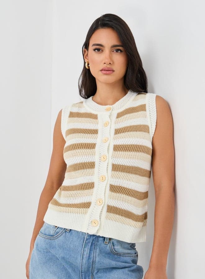 Round Neck Striped Buttoned Knitted Vest — XL