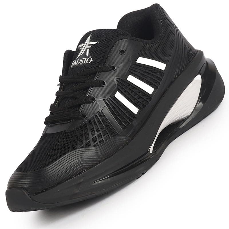 FAUSTO FST FJAMC-17001 BLACK-41 Men Black Breathable Sport Shoes|KPU Upper and Anti-Skid Bounce Back Phylon Sole|Athleisure Running Shoes|Lace Up Walking Shoes|Gym Shoes (7 UK)