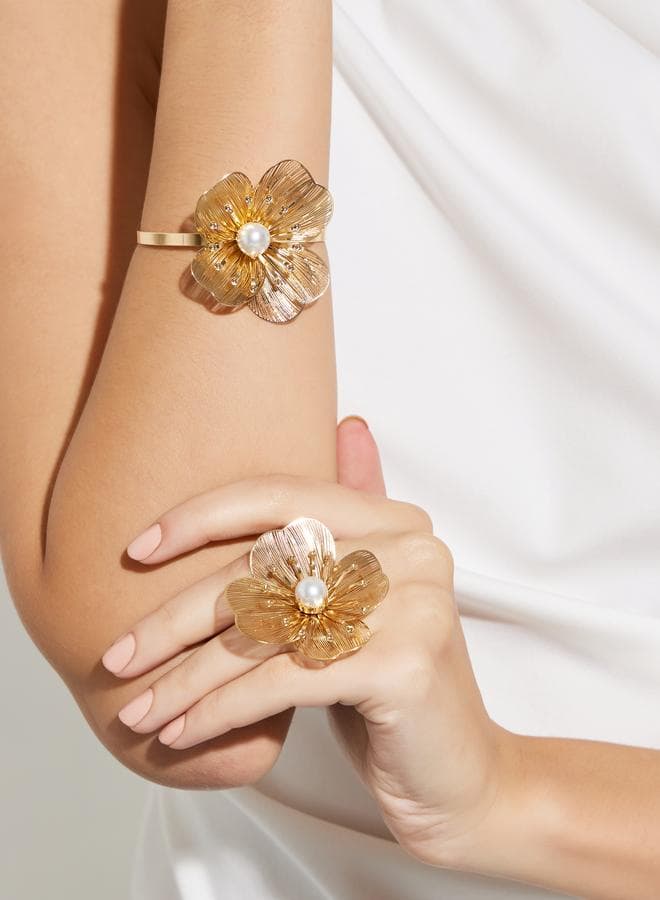 Gold Flower Ring and Cuff Bracelet Set