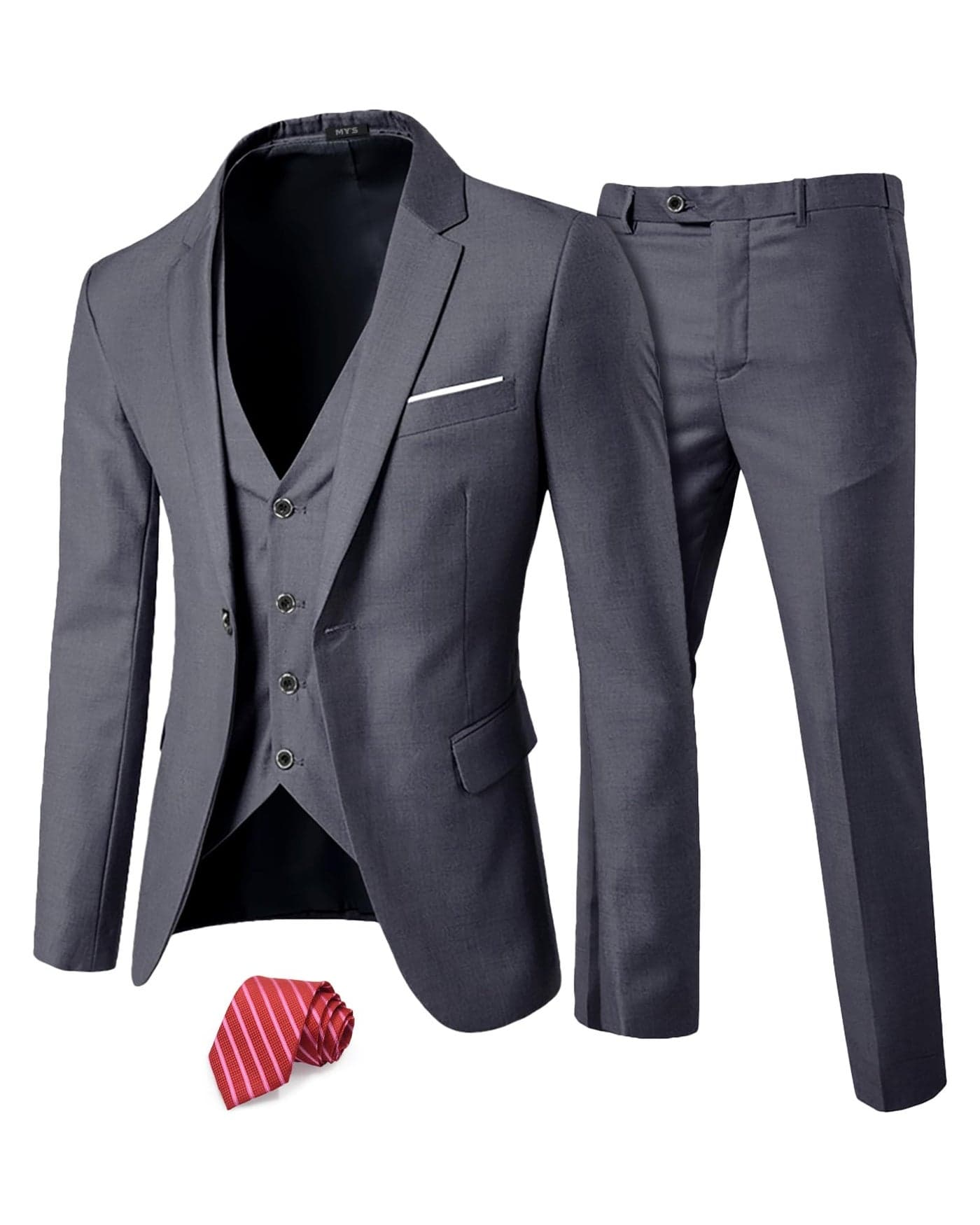 MYS Mens 3 Piece Suit Set with Tie One Button Slim Fit Solid Jacket Vest Pants Prom Party Wedding Business Suits for Men Dark Grey Small