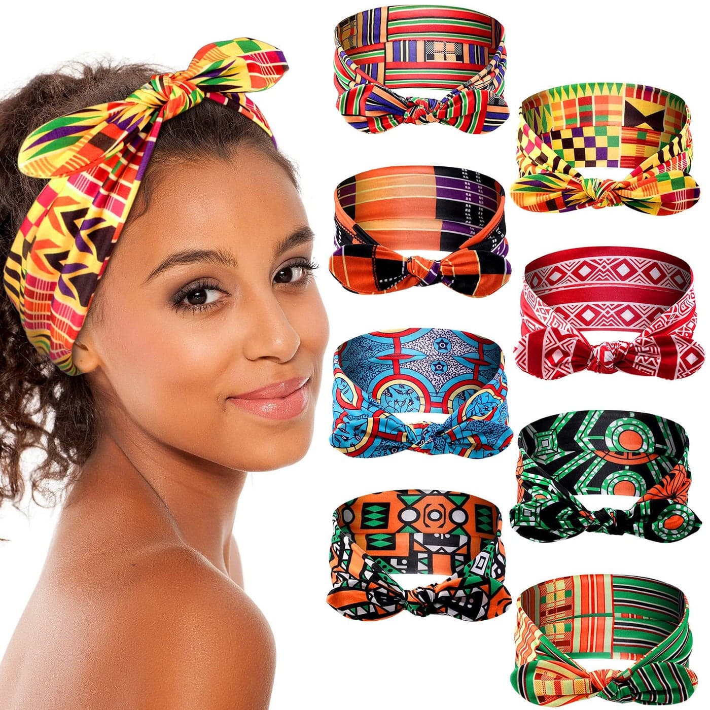 Waydress 8 Pieces African Headband Boho Bow Headbands Stretchy Rabbit Ear Headwrap Turban Hair Bands Bows Hair Accessories Tie Headband for Women and Girls