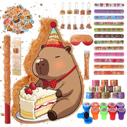 Guiqulai Capybara Piata Party Set Animal Themed Birthday Party Supplies with Pencils Snap Bracelets Stamps Keychains Stickers for Birthday Baby Shower Party