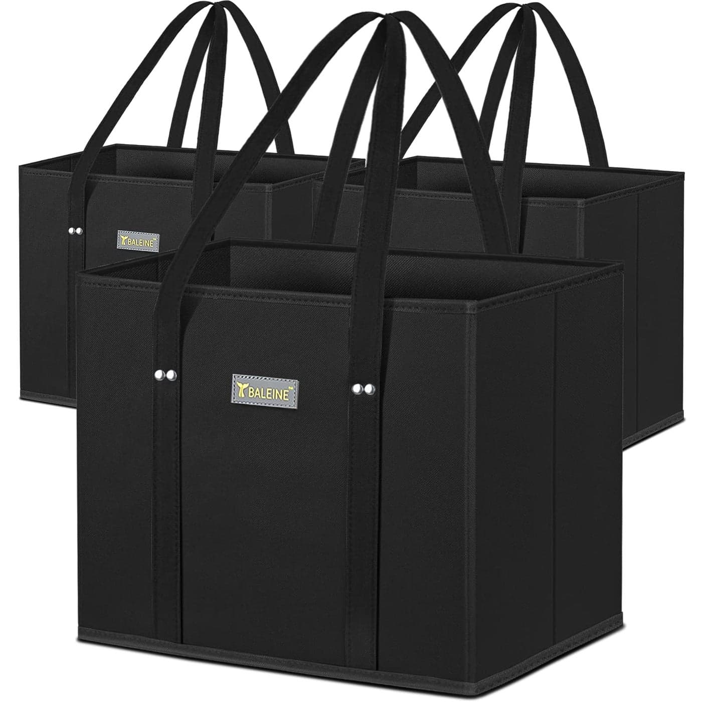 BALEINE 3Pk Reusable Grocery Bags Foldable Shopping Bags for Groceries with Reinforced Bottom Handles Black