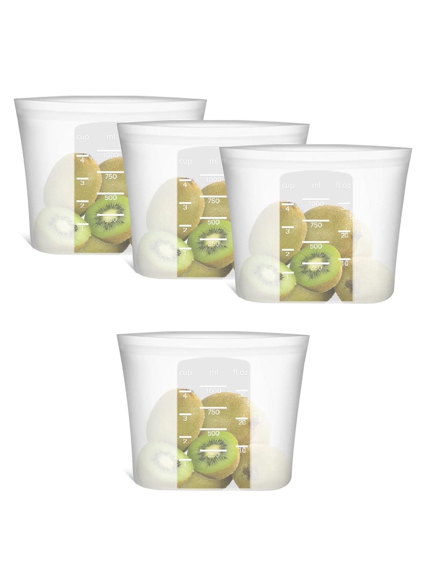 Reusable Silicone Food Storage Bags Quart 4 Pack, Stand Up Ziplock Reusable Freezer Sandwich Bag Containers for Food Travel, Freezer Microwave Oven Dishwasher Safe, Translucent