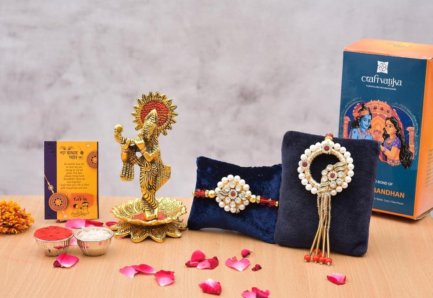Collectible India Rakhi for Brother and Bhabhi Kids with Gift Combo Rakshabandhan Gifts for Sister Krishna Idols Statue for Home Decor Bhai Rakhi Designer Lumba Rakhi for Bhabhi Greeting Card