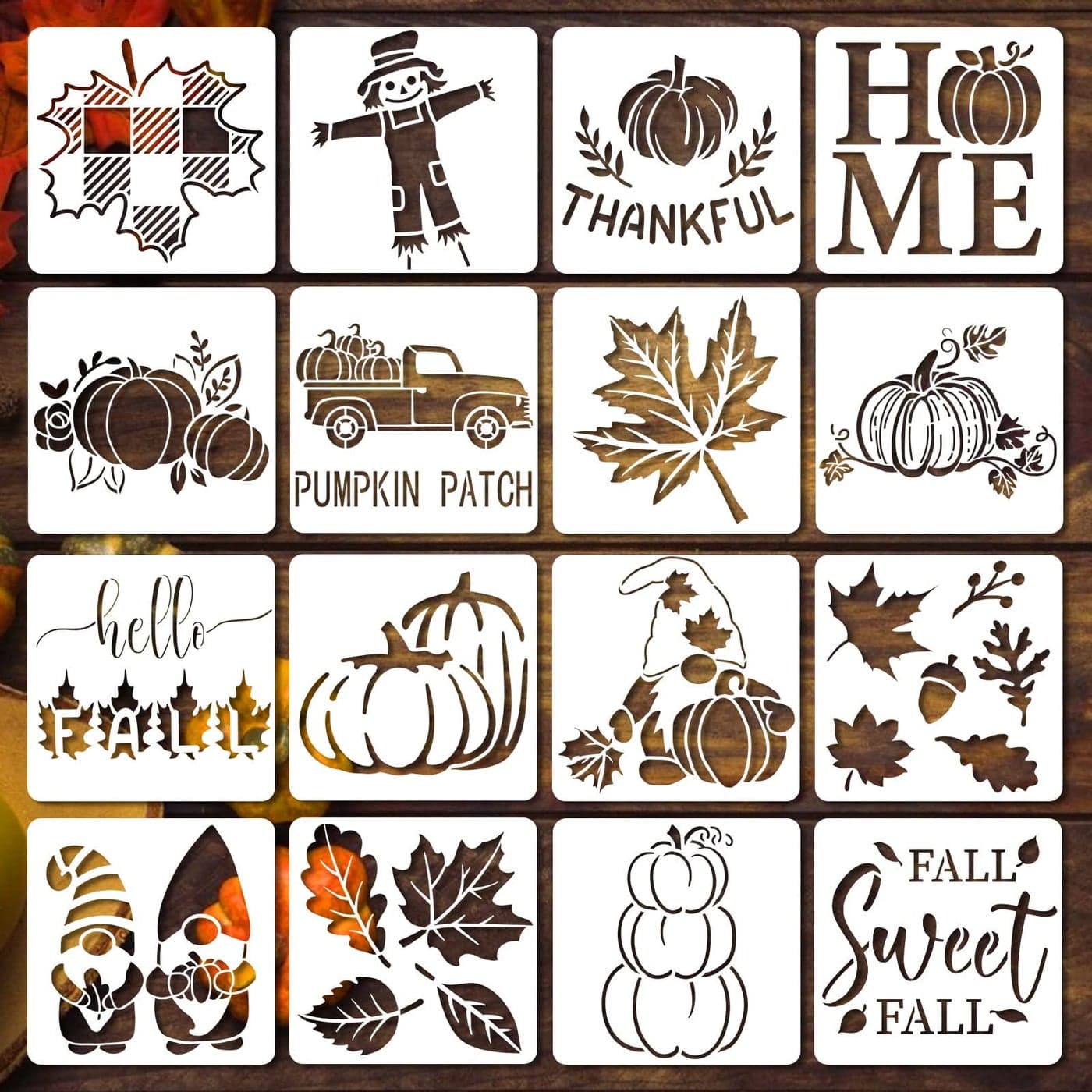 16 Pcs Fall Stencils for Painting on Wood 5x5 Inch Reusable Fall Stencils for Thanksgiving Card DIY Crafts Home Decor