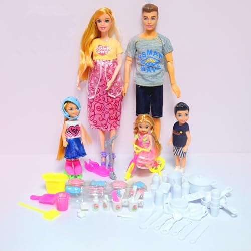 UCanaan Family Dolls Set of 6 People with Dad Pregnant Mom 3 Kids and Baby Boy in Mommys Tummy and 70 Pcs Accessories for Education and Gift Best Gitfs for Girls Christmas Birthday