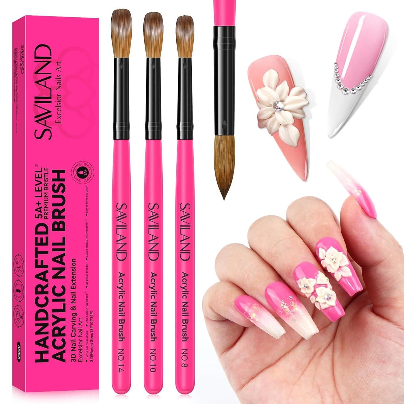 SAVILAND Acrylic Nail Brushes Set Sizes 8 10 14 Nail Brushes for Professional Acrylic Powder Applications Nails Extension 3D Carving for Home Salon DIY Nail Art Brush Manicure Acrylic Tools Pink