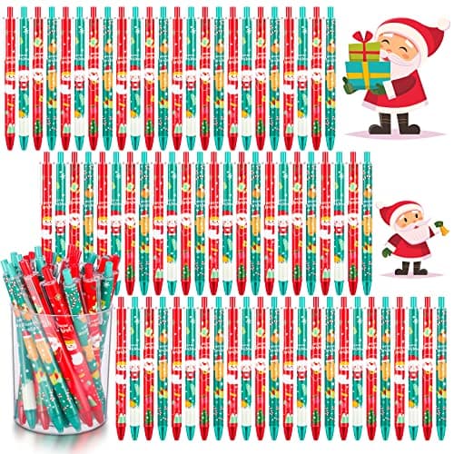 Leinuosen 72 Pcs Christmas Pens Bulk Cute Red Green Merry Christmas Retractable Ballpoint Gel Ink Pens Novelty Reindeer Santa Tree for Xmas Coworkers Holiday Parties Office Writing Supplies