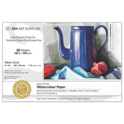 Watercolor Paper Block 4x6 in ZenART 100 Cotton Watercolor Paper Cold Pressed 140 lb 300 GSM AcidFree 20 Sheets Thick Absorbent Artist Grade for Water Color Gouache and Other Wet Media