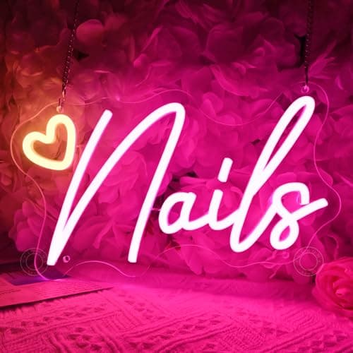 SYLHOME Led Neon Light Sign Nails With Heart Nail Studio Beauty Salon Business Makep Room Wall Sign Decor Birthday Party Backdrop 11.81" X 6.7" USB
