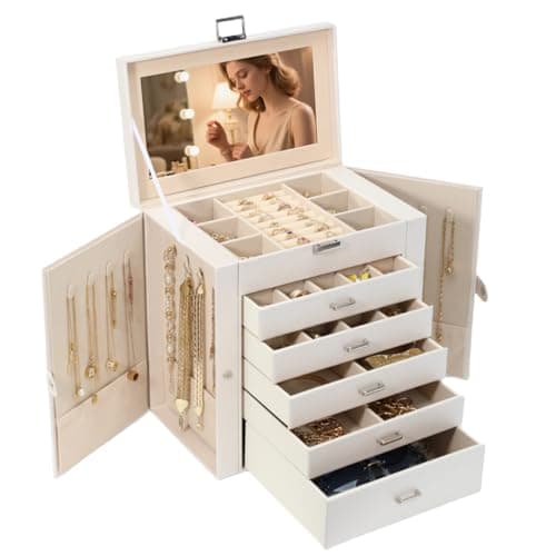 BOOVO Jewelry Box For women 6 Layer Large Jewelry Organizer With Mirror MultiFunction Storage Box With Lock Accessory Holder With 5 Drawers For Earrings Necklace Ring Bracelet Pearl White