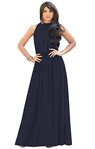 KOH KOH Pus Size Womens Long Sleeveless Bridesmaid Halter Neck Wedding Party Guest Flowy Slimming Semi Formal Elegant Gala Ball Evening A-line Tall Gown Maxi Dress, Navy Blue XL 14-16