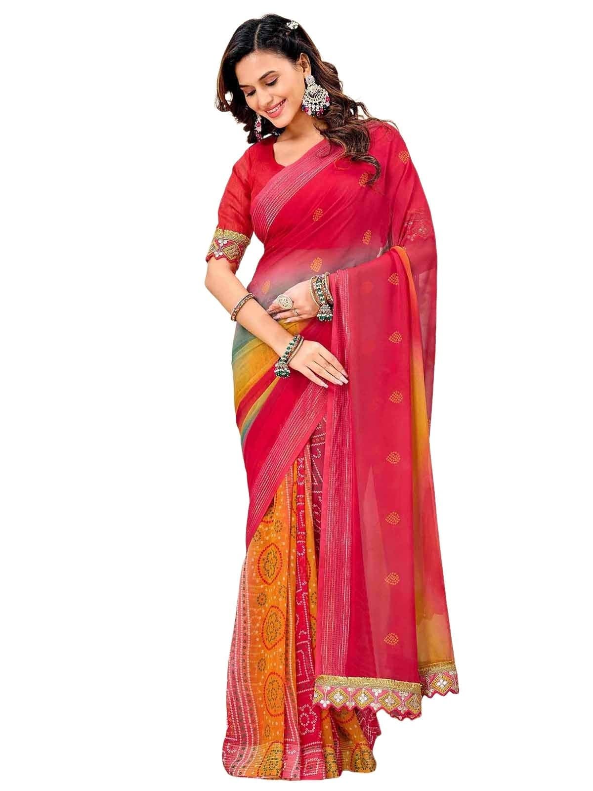 Satrani Women's Weightless Georgette Zari Stripe Weaving Bandhani Printed Saree with Unstitched Blouse Piece (4923S103N_Pink & Multi3)