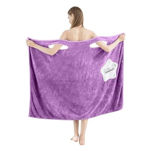 HOUSSE Wearable Microfiber Spa Bath Towel with Star Pocket for Girls & Women | Soft, Cozy Wrap with Snap Closure |Women’s Day Gift | 110 x 140 cm (Purple_White)