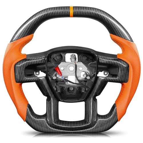 KIGEMOS Real Carbon Fiber Steering Wheel for F150 Raptor 2017-2020 (Gen 2), Double-D Design with Trim Piece, Orange Nappa Leather & Hand-Stitching, Fits Models with Factory Paddle Shifters