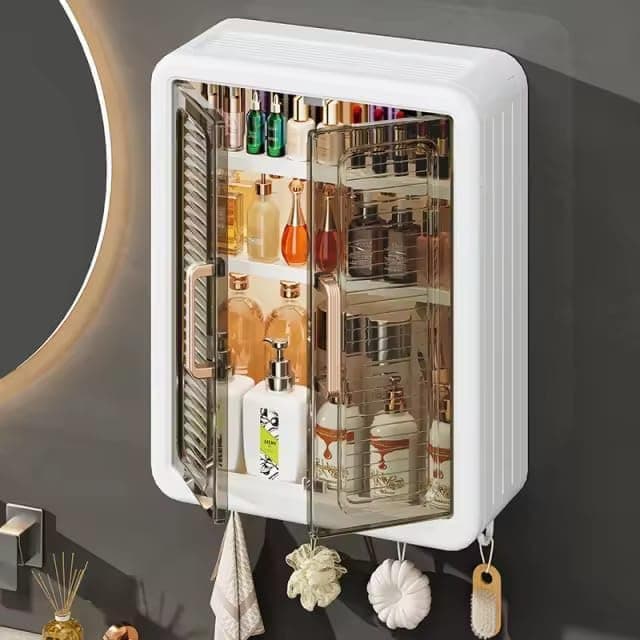 RIOMAX Plastic Wall Mounted Self Adhesive Bathroom Shelf Storage Cabinet for Kitchen Multipurpose Organizer with Doors and Shelves (Material- Plastic, White, Pack of 1)