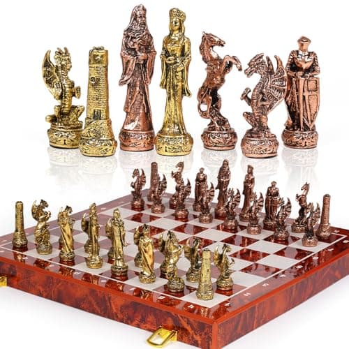 Vintage Figurine Metal Chess Set for Adults and Kids 15 Wooden Board with Metal Pieces Travel Chess Set Collectible Elegant Game Family Vintage Board Game