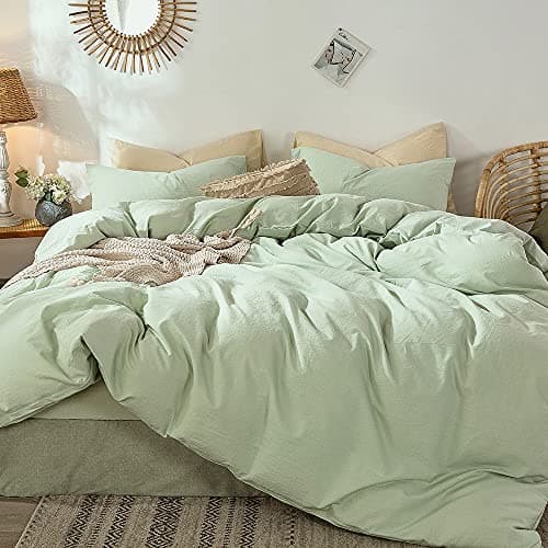 MooMee Bedding Duvet Cover Set 100% Washed Cotton Linen Like Textured Breathable Durable Soft Comfy (Heathered Seaglass Green, Queen 90"x90")