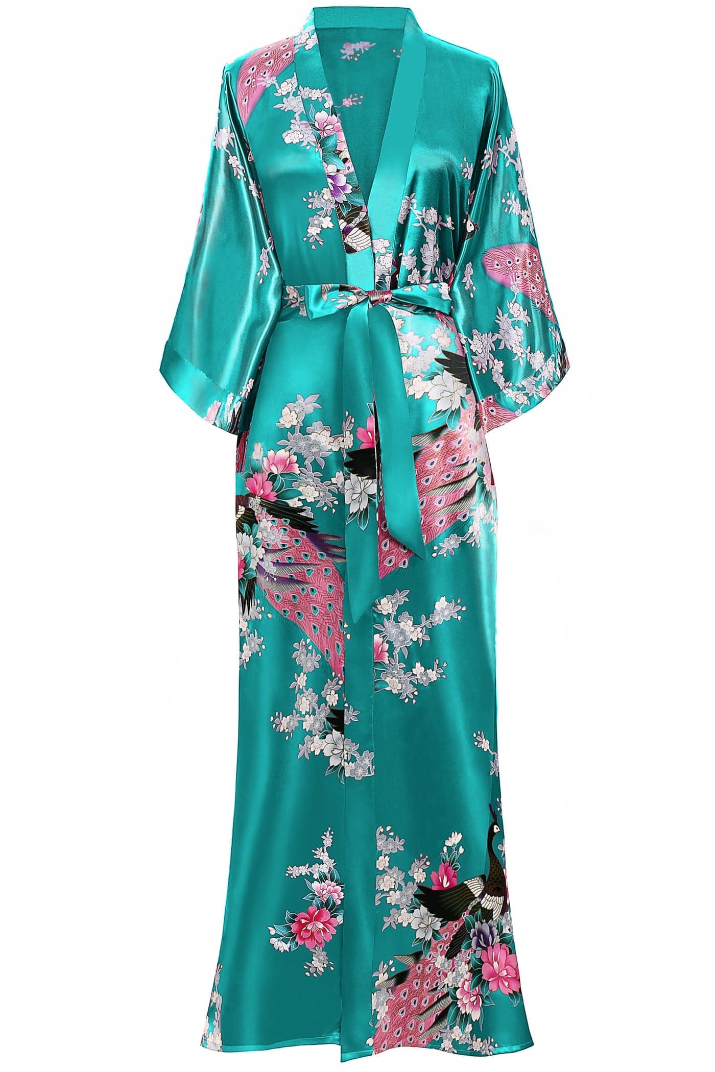 BABEYOND Womens Kimono Robe Long Satin Silky Robes with Peacock and Blossoms Printed Kimono Nightgown