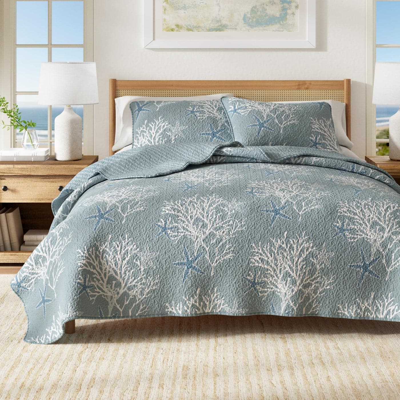 King Coastal Quilt Bedding Set Summer Coastal Quilt with Shams Beach 3Piece Reversible All Season Bedspread Quilt Set Lightweight Nautical Quilted Coverlet Fenwick Collection Pearl Blue