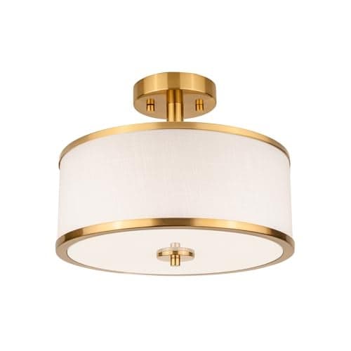 Edwarmlux 3-Light Semi Flush Mount Ceiling Light Fixture, 12.6" Gold Drum Light with White Fabric Shade, Modern Close to Ceiling Light for Living Room Bedroom Dining Room Kitchen Hallway Entry Foyer