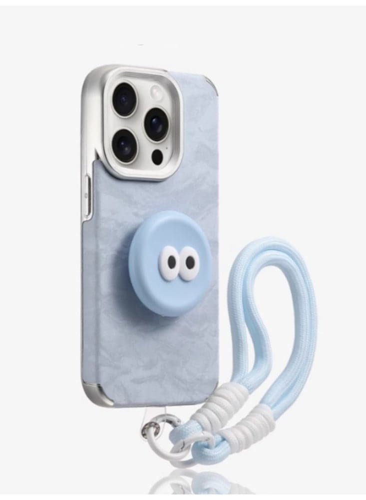 【Blue Blur】 Round Eye Phone Case Bracket Fully Wrapped Silicone Anti Drop Phone Protection Case+Hanging Rope Suitable for iPhone 16