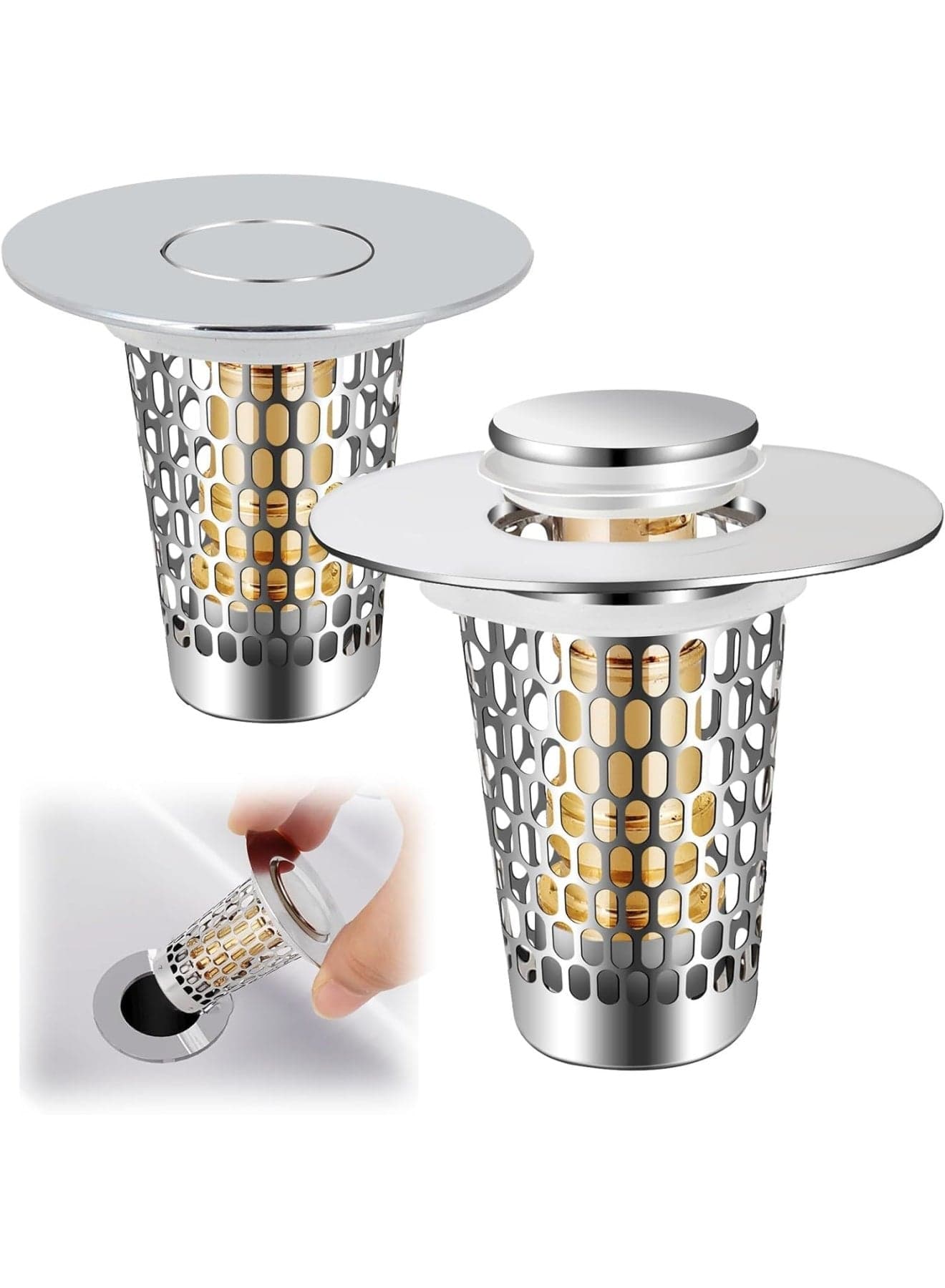 Bathroom Sink Stopper, Universal Drain Pop Up Stopper with Hair Strainer Anti-Clog Filter for Stainless Steel Floor Sink, Easy Install Durable 1-1.50 Inch 2 Pack for Home Bathroom Kitchen Silver