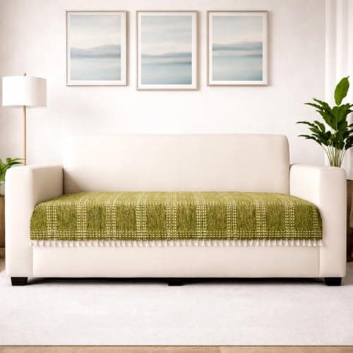 STITCHNEST 'Artisoul Series' Chenille Sofa Cover 1 Seater with 2 Hand Rest Covers | Premium Heavy Fabric, Washable & Fade Resistant | Green Sofa Protector with Tassels | Size 24x30 Inch
