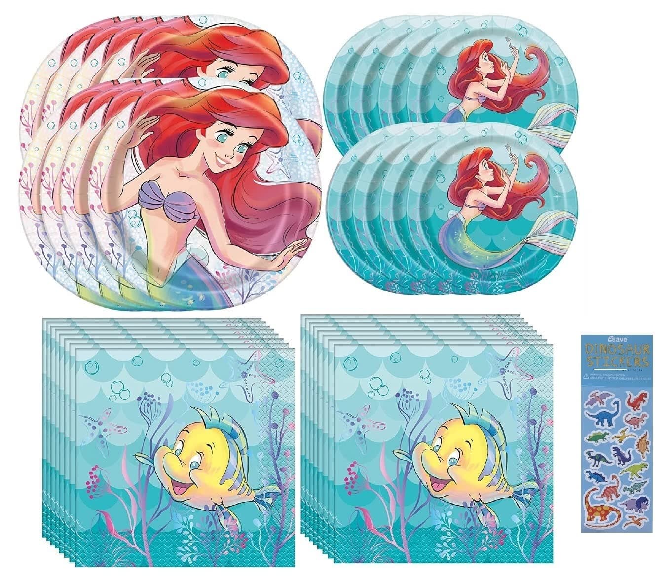 The Little Mermaid Ariel Birthday Party Supplies Bundle includes 8 Dessert Cake Paper Plates 8 Lunch Paper Plates 16 Lunch Napkins 1 Dinosaur Sticker Sheet