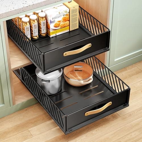 Pull out Cabinet OrganizerHeavy Duty Slide out Pantry Shelves Drawer Storage with Adhesive Nano FilmSliding Mesh Cabinet Basket with Handle for Kitchen Bathroom Home 158W X 21D X62HBlack