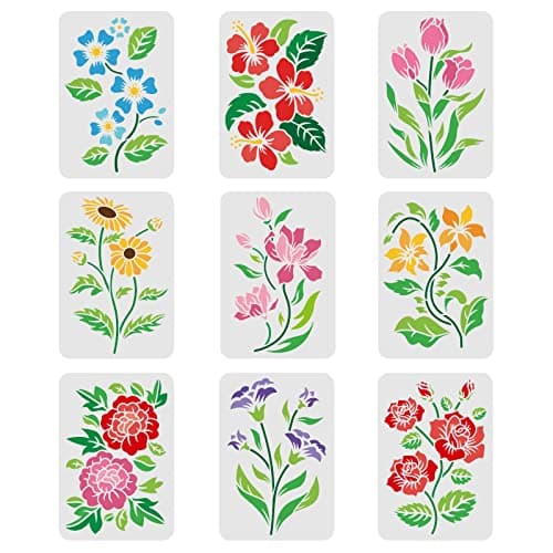 FINGERINSPIRE 9pcs Flower Leaves Stencils 117x83 inch Reusable DIY Stencils for Painting on Wood Floor Wall and Tile