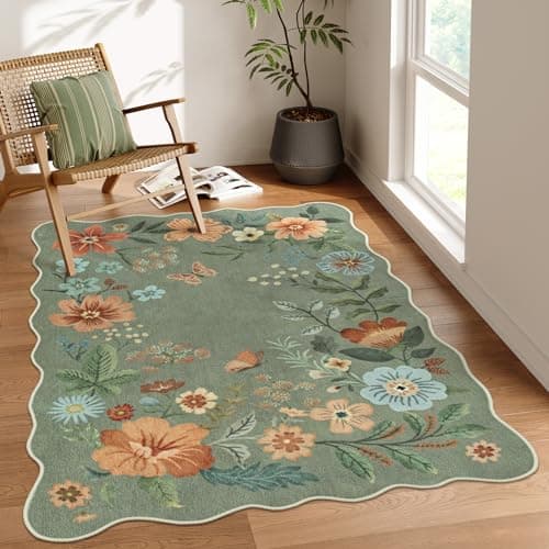 Lahome Floral Washable Rugs, 4X6 Rug for Bedroom Ultra-Thin Soft Dining Room Rug, Non-Slip Living Room Rugs Stain Resistant Boho Rug Lightweight Low-Pile Throw Rug for Office (4x6ft,Green)