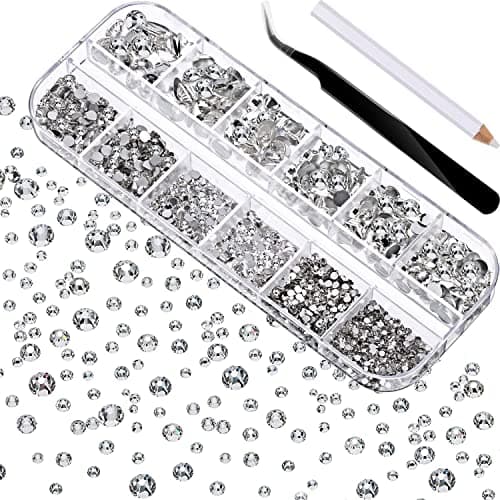 Jubilant 2000 Pieces Flat Back Gems Round Crystal Rhinestones 6 Sizes (1.5-6 mm) with Pick Up Tweezer and Rhinestones Picking Pen for Crafts Nail Face Art Clothes Shoes Bags DIY (Clear)