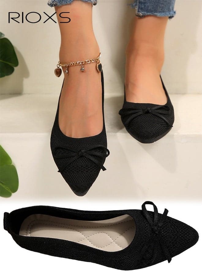Women's Ballet Flats, Trendy Pointed Toe Bow Knit Flats, Comfy Dressy Shoes for Women, Soft Casual Ballet Shoes, Comfort Dress Flats for Female, Soild Color Slip-on Work Shoes, Ladies Flat Shoes for Business/ Dating/ Travel/ Daily Wear, Black Dressy Flats