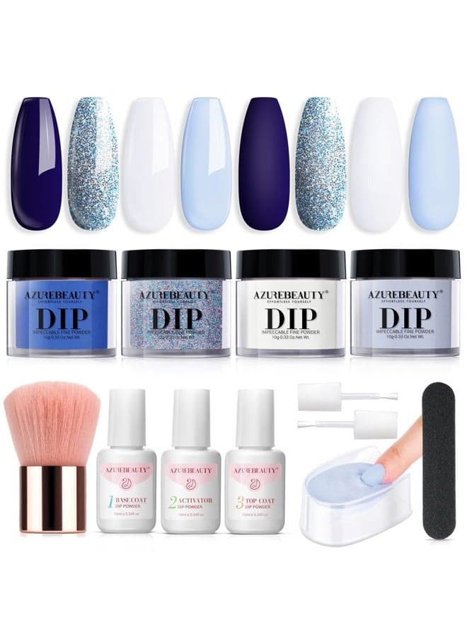 12 Pcs Dip Powder Nail Kit, Christmas Gift Blue Glitter 4 Colors Acrylic Dipping Powder Liquid Set with Base/Top Coat Activator for French Nail Art Manicure DIY