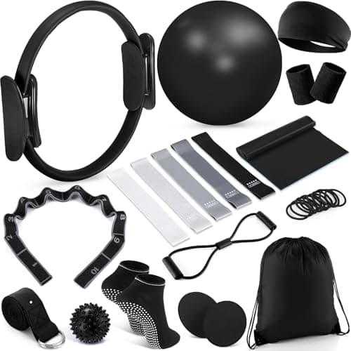 Poen 18 Pcs Home Pilates Ball and Ring Circle Set Yoga Fitness Essentials Kit with 5 Resistance Band Stretching Strap Non Slip Sock Ball Core Slider Wristband Headband Gym Bag for Women Black