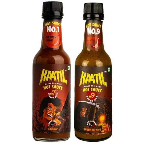 Kaatil Hot Sauce Combo 7 9 | Super Hot Bhoot Jolokia Chilli Sauce | Works as a Dip, Spread, Marinade, Saute, Stir-fry, Finishing Sauce | No Artificial Colours, Flavours | Made in India | Vegan | 200 Gms (Pack of 2)