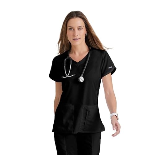 Grey’s Anatomy by BARCO Classic Cora Scrub Top for Women – Black, 4-Pocket Crossover V-Neck Scrub Shirt with Natural Stretch, Soil Release Fabric, and Super-Soft Finish – XS, Regular Fit