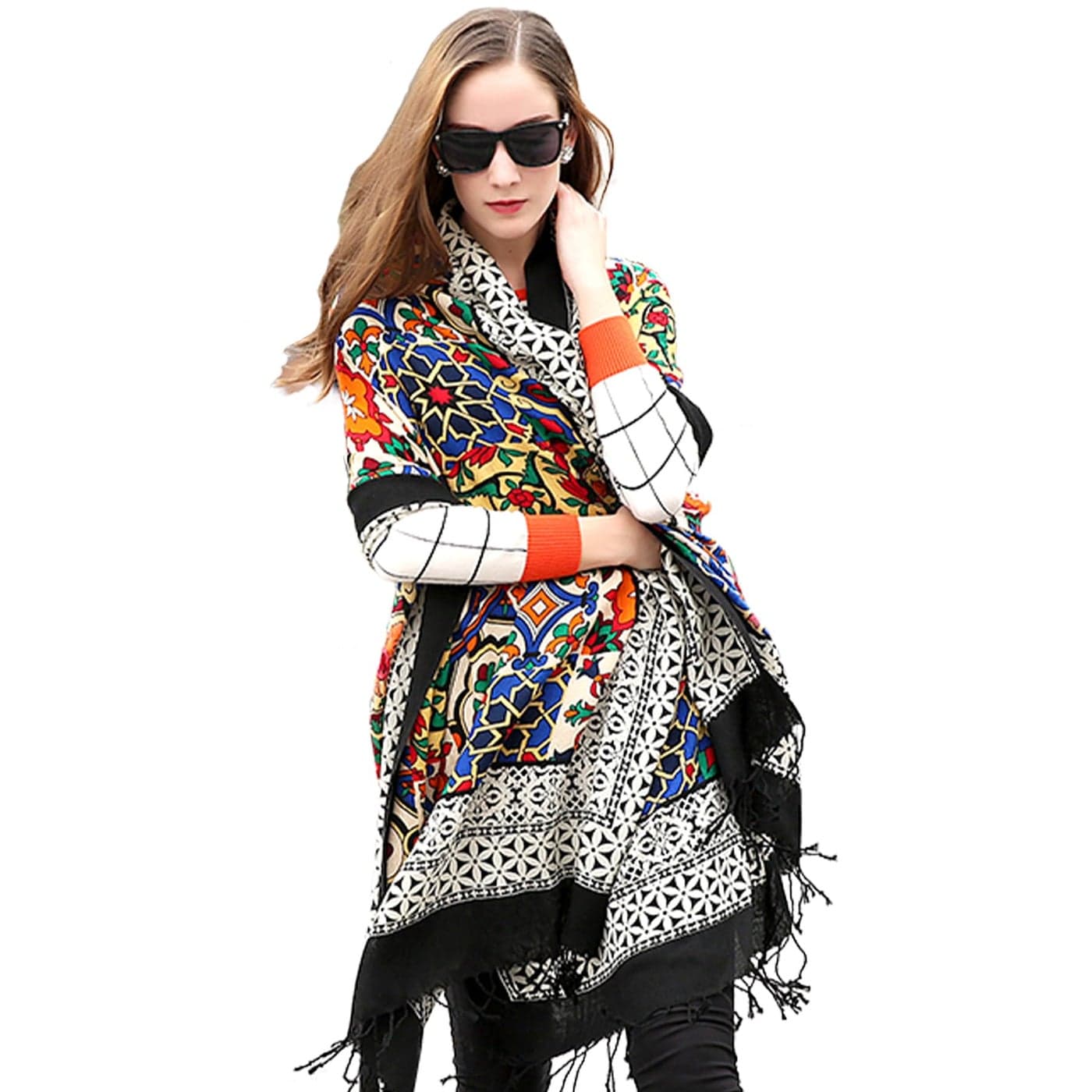 DANA XU 100 Merino Wool Extra Large Pashmina Blanket Travel Scarf Cashmere Wrap for Women Fall Winter Oversize Shawl Floral