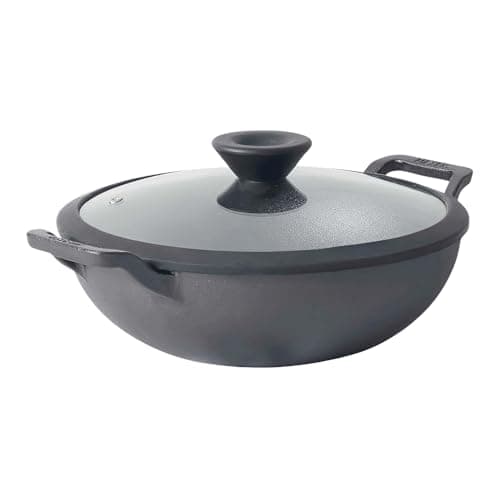 Meyer Pre Seasoned Cast Iron Kadai|Iron Kadhai with Lid for Cooking and Stir Frying | Heavy Base Iron Kadai Big Size | Gas Stove and Induction Friendly 26cm/ 3 Liters, Black
