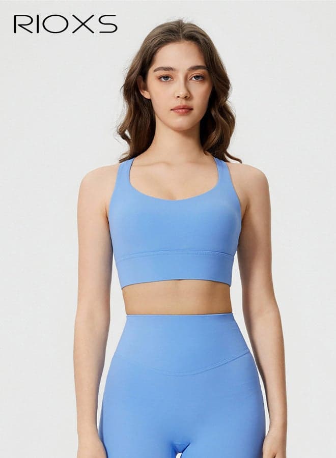 Women's Sports Bra, Double-Strap High-Support Cross-Back Design, Yoga Fitness Sports Bra, Wide-Band Wire-Free Anti-Bounce Sports Top,Sinatra Blue