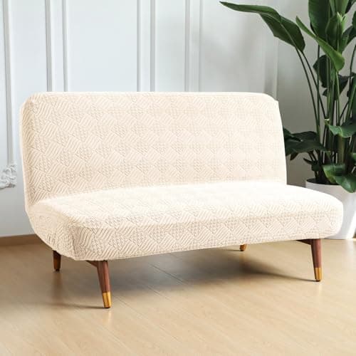 HOKIPO Spandex Jacquard Armless Sofa Cover for Folding Sofa Bed, Stretchable Futon Slipcover, Elastic Sofa Cum Bed Protector, Washable, Easy Fit & Stylish Design, Large, Taupe Brown (AR-6036-KHK)