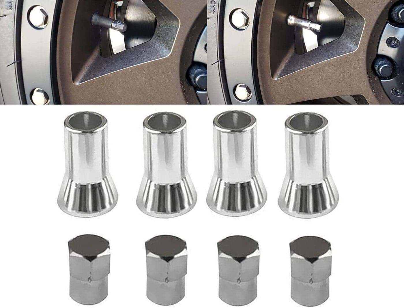Muzzys C20018 TR414 Universal TPMS Chrome Valve Stem Sleeve Covers and Cap Dress Up Kit Set of 4 FITS All TPMS Rubber Valve Stems for All Make and Model Cars and Trucks with TPMS Sensors