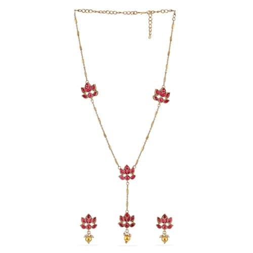 Rubans 22K Gold Plated Ruby Pink Studded Layered Lotus Motif Necklace Set - Ideal for Weddings, Parties & Special Occasions