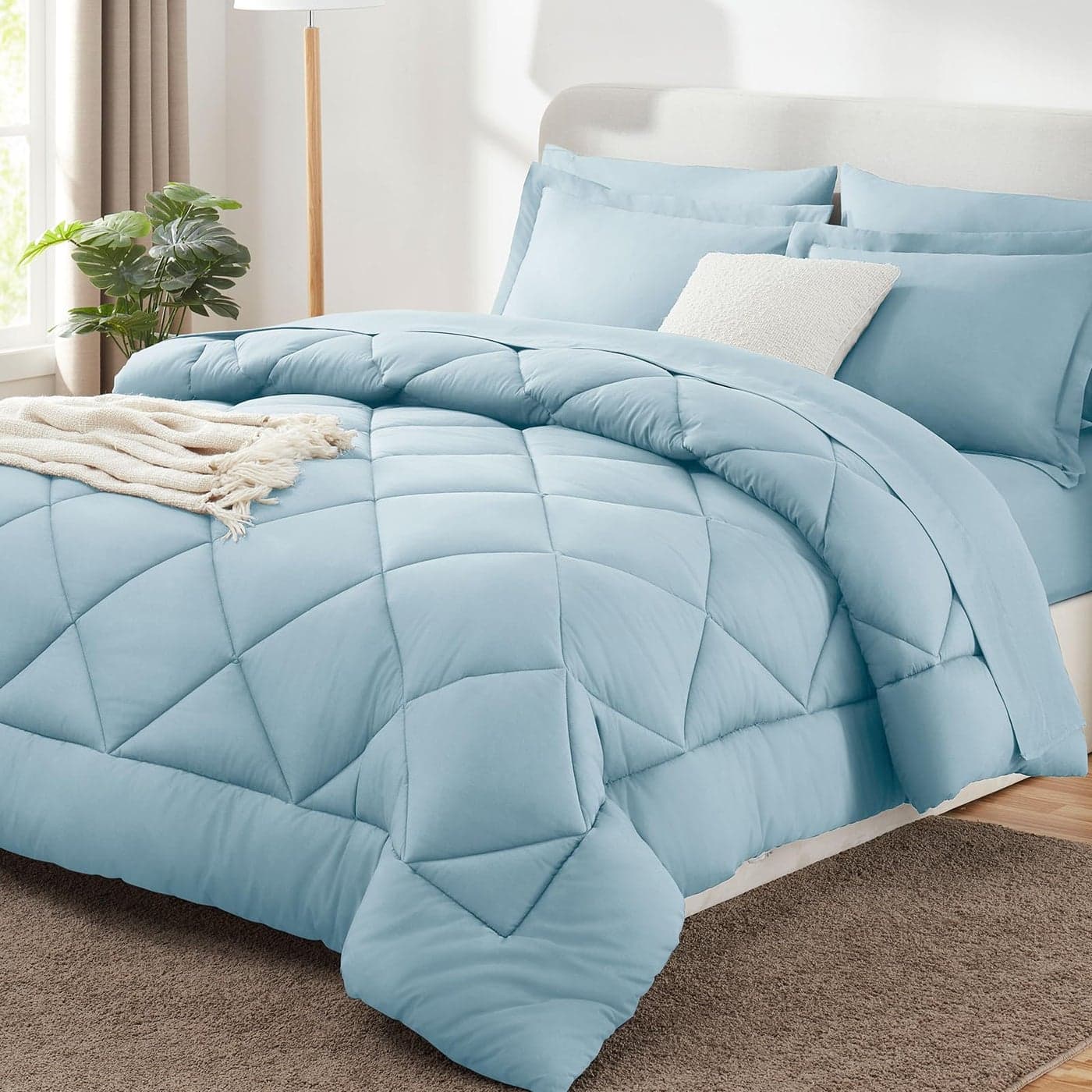 CozyLux Full Size Comforter Sets Light Blue 7 Pieces Bed in a Bag Full Luxury Soft Bed Set for All Seasons Bedding Set with Down Alternative Comforter Sheets Pillowcases Shams
