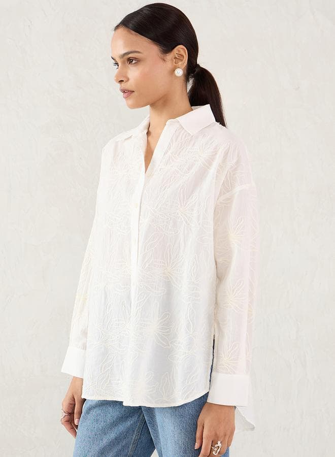 Femmella White Embroidered Cotton Longline Shirt
