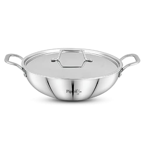 Pigeon Tristeel Triply Stainless Steel Kadai 3100ml (24CM) with Lid | ISI Marked Deep Kadhai for Gas & Induction | Heavy Bottom Rust-Free Cookware